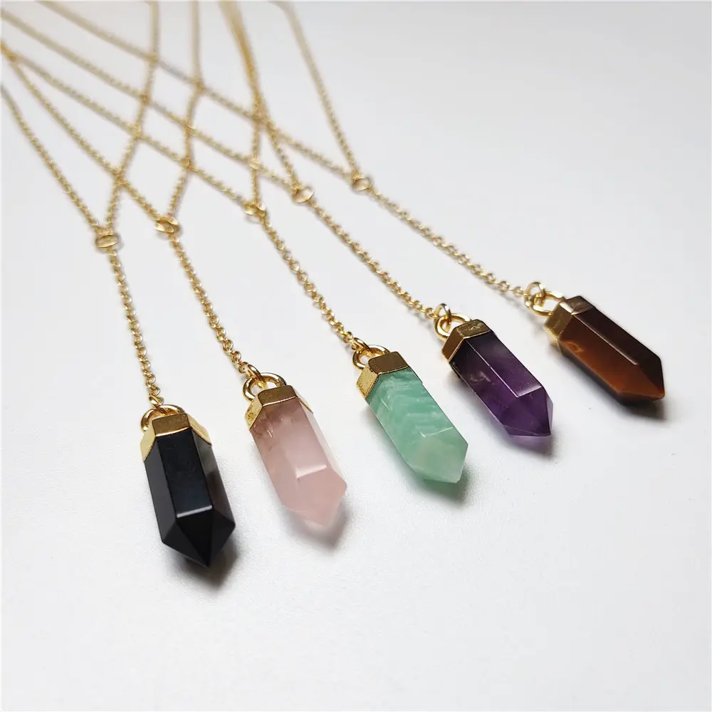 FUWO Wholesale Natural Crystal Quartz Neckace,Cute Y Shape Chain Crystal Piont With Golden Chain Jewelry 5 Pcs/Lot NC125Y