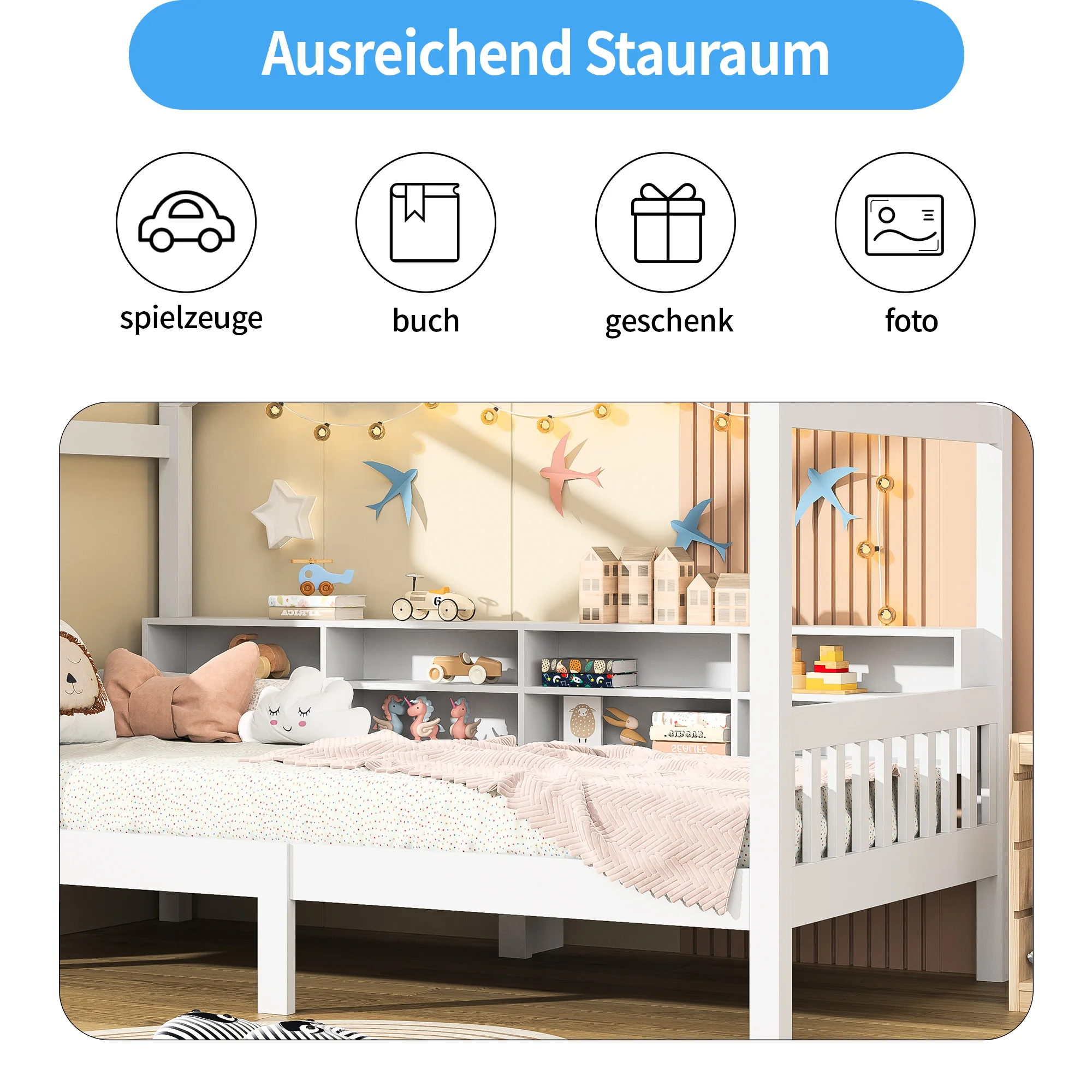 Kinderhaus bett 90x200 cm, Holzbett mit Tafel und Stauraum, Massivholz mit Lattenrost, (ohne Matratze)