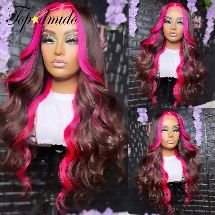 

Topodmido Highlight Pink Color 13x4 Lace Front WIgs with Middle Part Brazilian Hair 4x4 Lace Closure Wigs Brazlian Hair Wigs