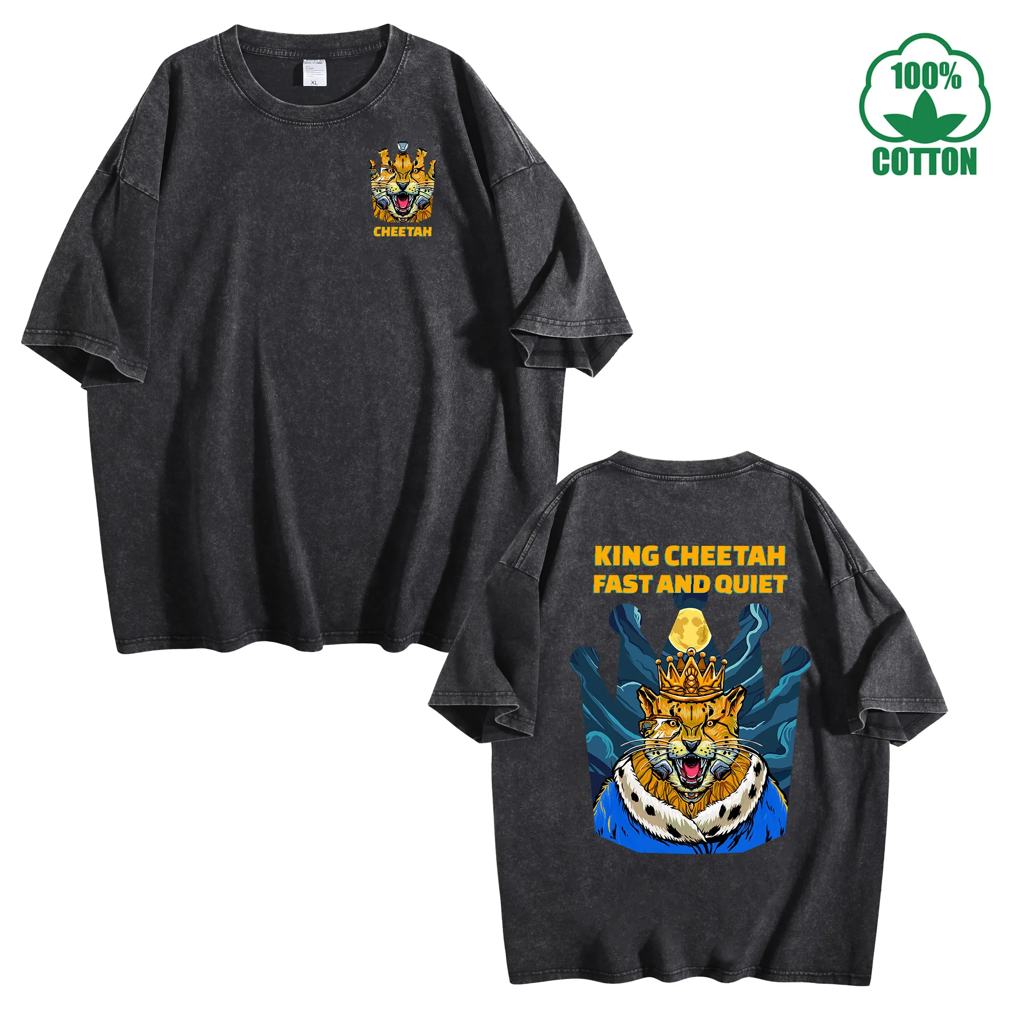 

Cheetah King Double-Sided Print Vintage Washed T-Shirt 230g 100% Cotton Comfortable Oversized Streetwear Unisex