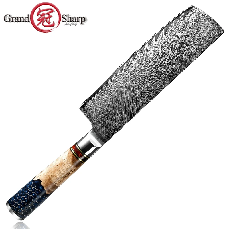 Grandsharp Professional Kitchen Knife Japanese Nakiri 7 Inch Japanese Damascus Stainless Steel Chef Vegetables Cutting Tool