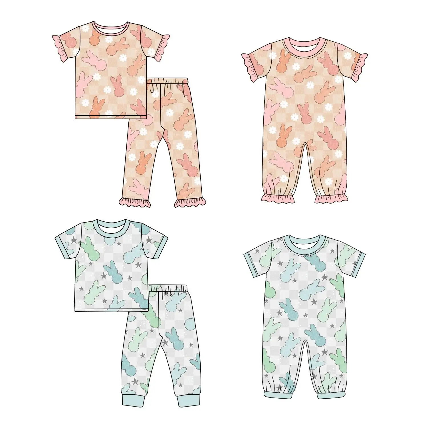 Easter boutique children set short-sleeved lace bunny flower print trousers lace girl boy trousers pajamas set baby zip jumpsuit