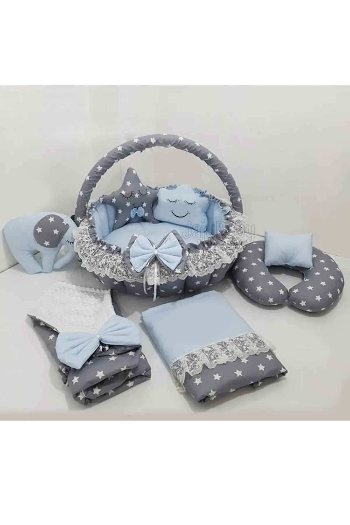 Handmade Gray Star Blue Design Luxury Play Mat Babynest 8 Piece Set