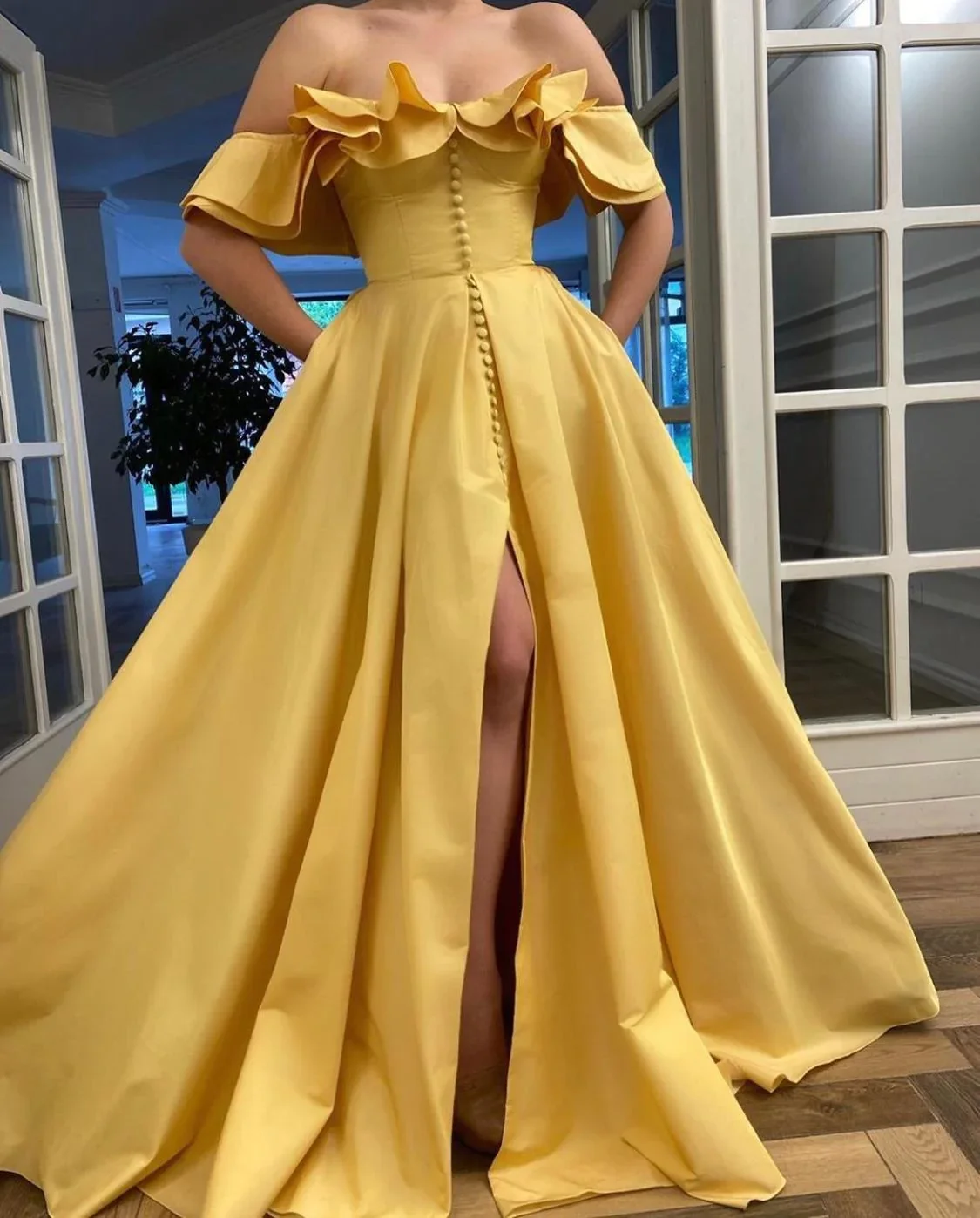 

15209# 100% Real Photos Ruffles Sleeves Satin A-line Evening Dress For Women Engagement Party Gown With Side Split 2024