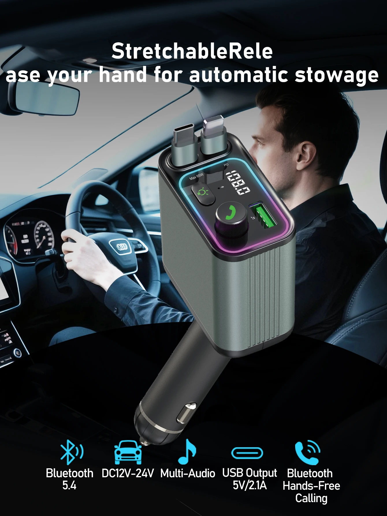 4-in-1 PD30W Fast Car Charger FM Transmitter USB Type-C Retractable Cable With Roof Starlight For iOS Android