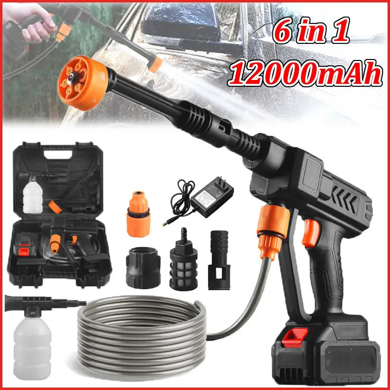 Boquilla portátil 6 en 1, pistola de lavado de coches de alta presión, lavadora de pulverización automotriz de 12000mAh para superficies de jardín, limpieza de vehículos