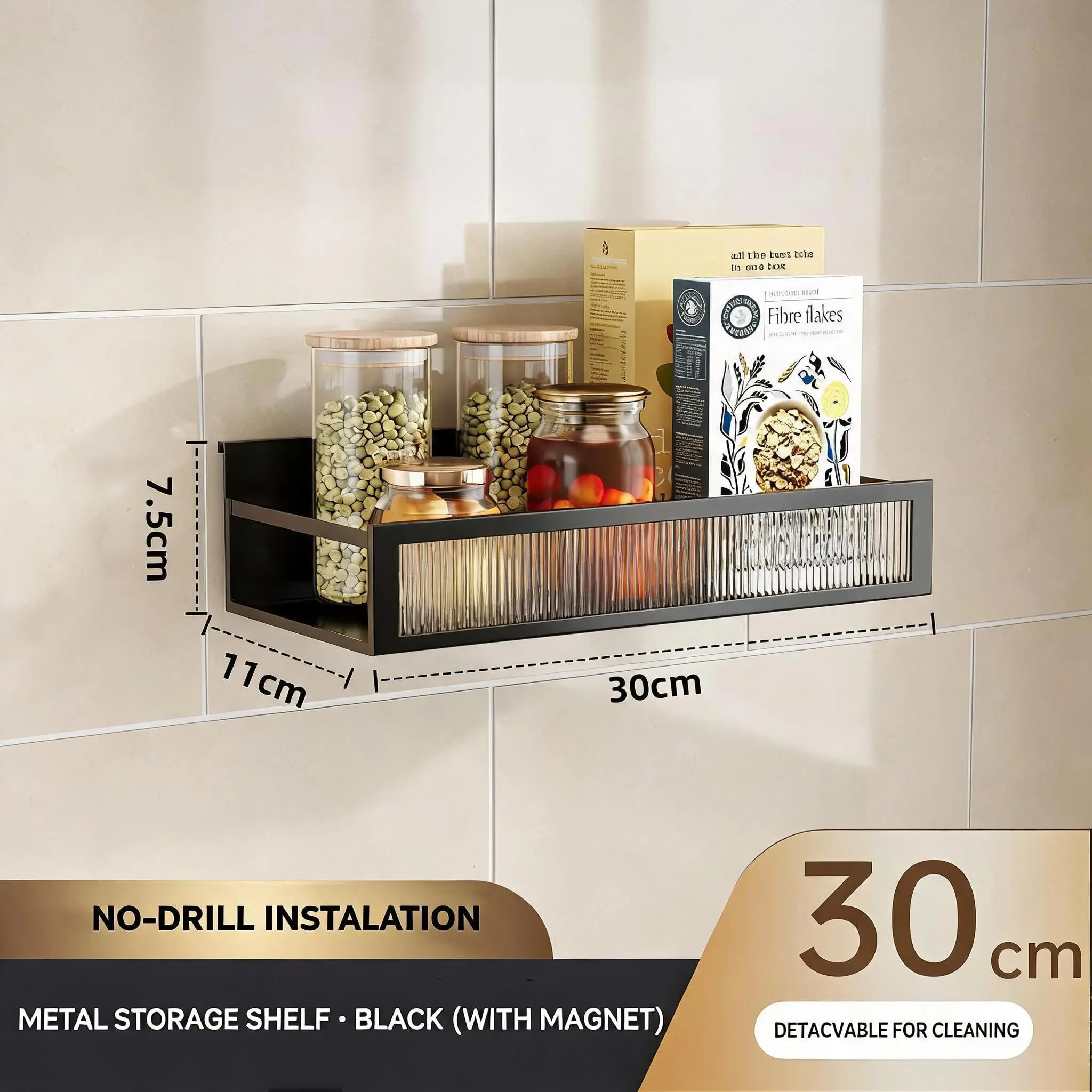 3-delige 30cm magnetische keukenopbergrek zonder boren, metalen kruidenorganizer met afneembare transparante beschermrail, sterke magnetische koelkastplanken, eenvoudig te installeren wandhouder voor