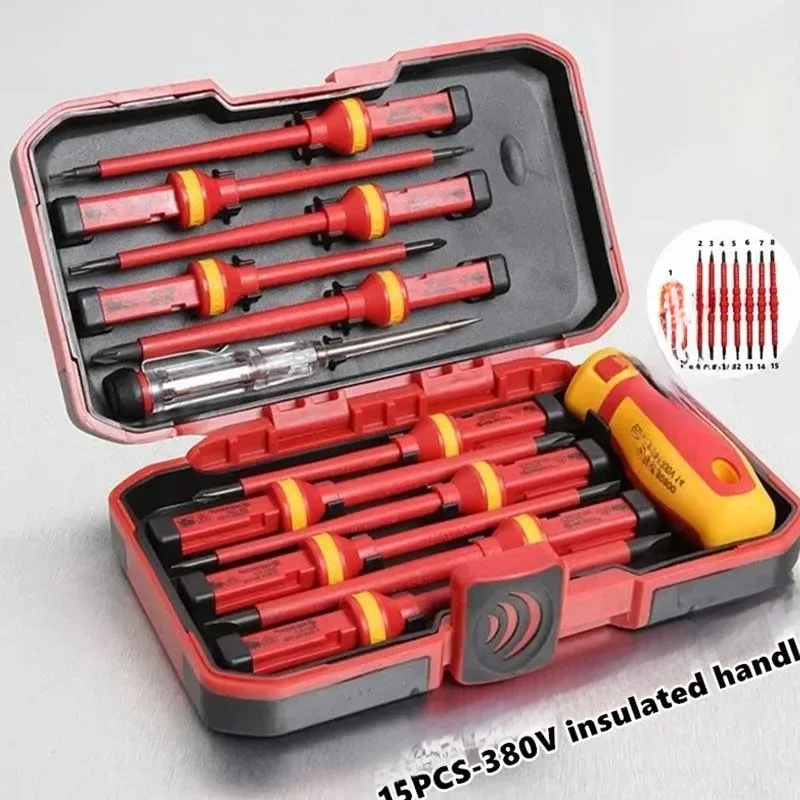 Elektricien Reparatie Gereedschap Kit 15 stks 1000 V Verwisselbare Geïsoleerde Schroevendraaiers Set met Magnetische Ingelaste Phillips Pozidriv Torx Bits - afbeelding 2
