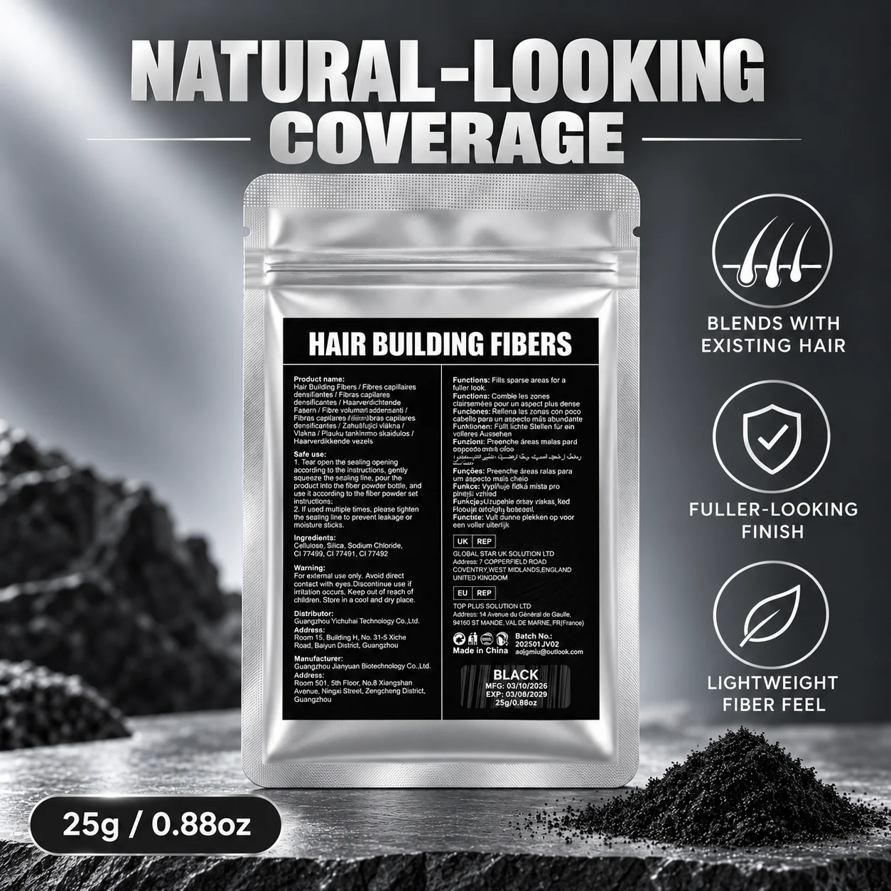 25g Hair Building Fibers Refill Bag Hair Thickening Fiber Powder for Thinning Areas Natural Looking Men Women 7 Colors