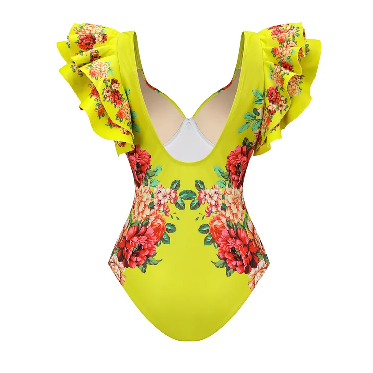 Bañador de una pieza con estampado de flores para mujer, conjunto de traje de baño de lujo con volantes y falda, ropa de playa, 2024