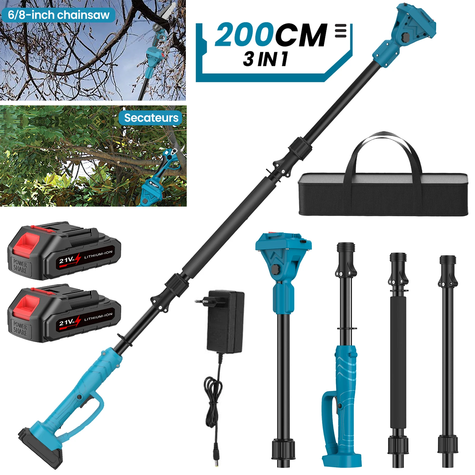 GECOFEER Tige d'extension de 2 m à brancher pour cisaille électrique et tronçonneuse 180 °   Perche télescopique réglable pour haute portée compatible avec batterie Makita 21V