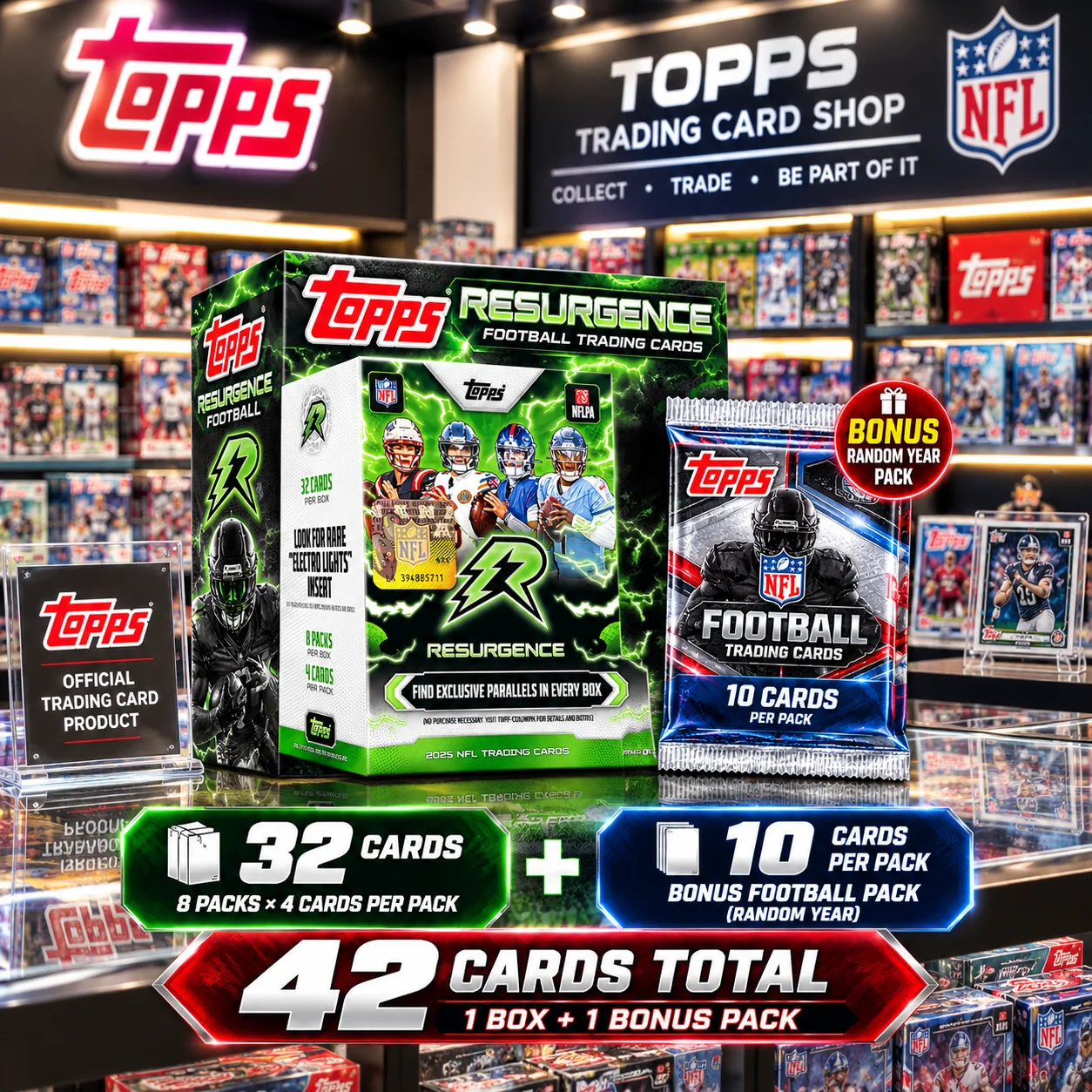 42 Cards 2025 Topps Resurgence Football Value Blaster Box + Bonus 10-Card Football Pack – 2-Piece Trading Card Bundle, 32 Cards in 8 Packs, 4 Cards Per Pack, Factory Sealed Collector Box, Random Year Bonus Pack for Football Card Collectors