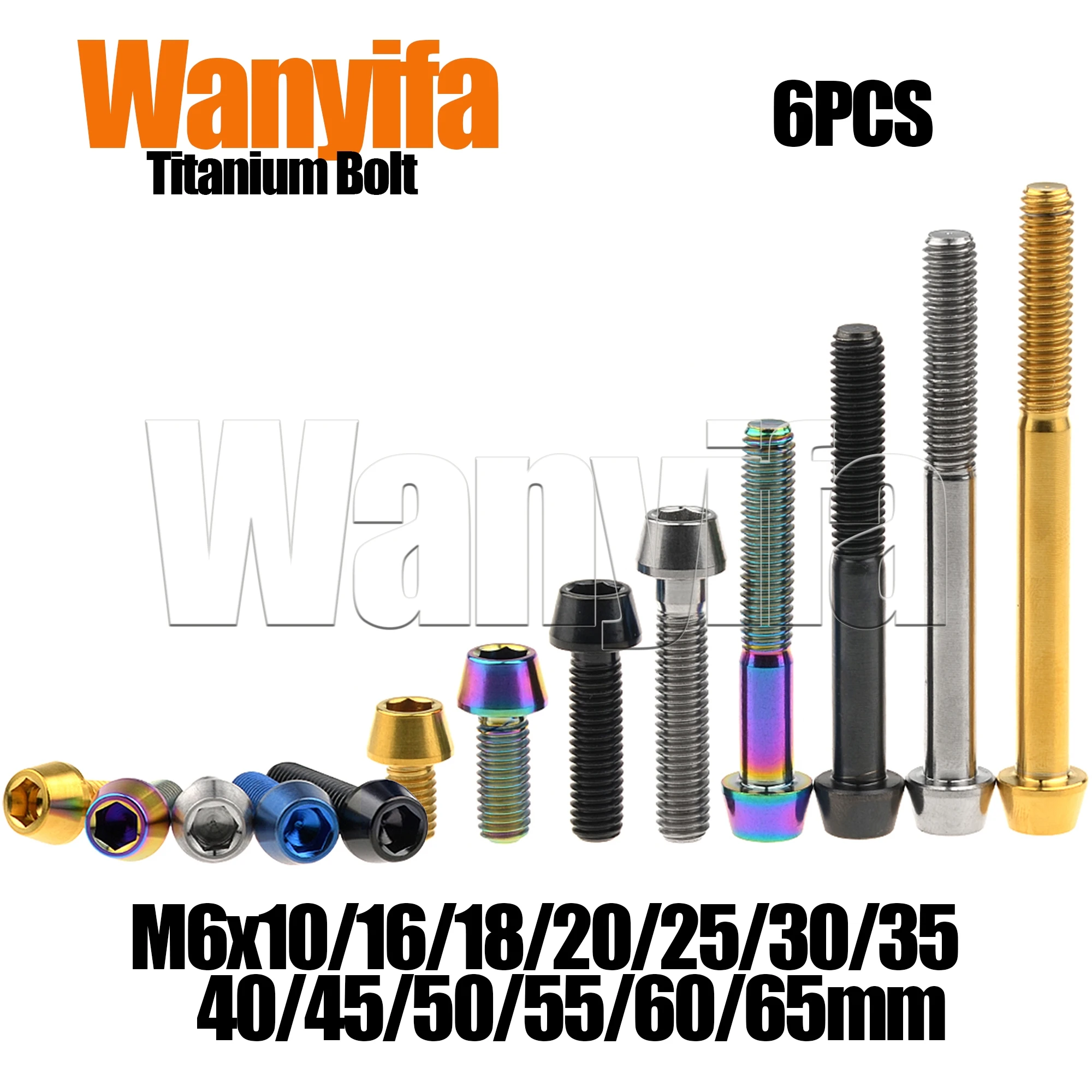 

Wanyifa Titanium Bolt M6x10/16/18/20/25/30/35/40/45/50/55/60/65mm DIN912 Cone Head Hexagonal Screw for MTB Accessories Part 6Pcs