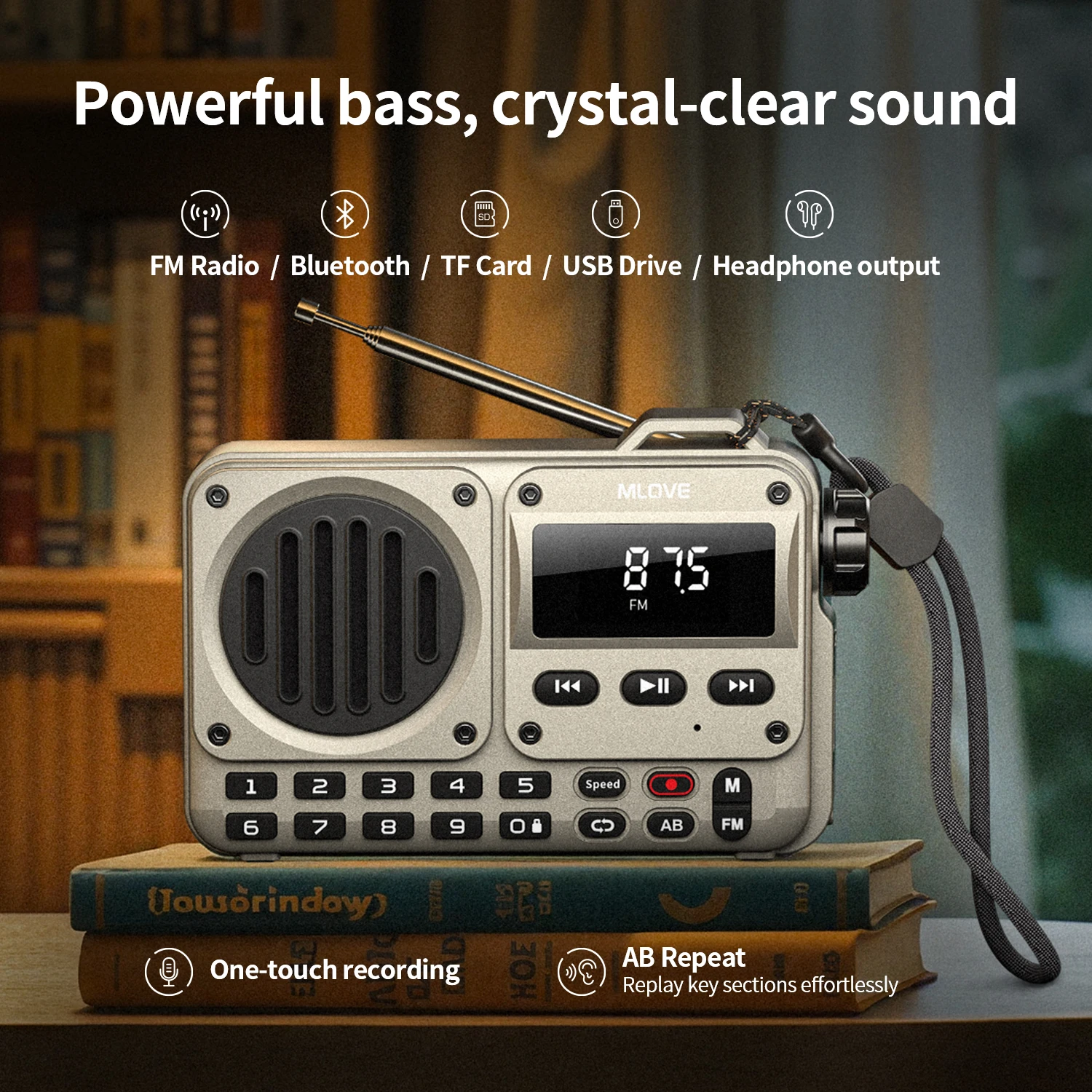 Caixa de Som Bluetooth Portátil MLOVE BV800P com Rádio FM e Reprodutor de MP3, Recursos USB, Cartão TF, Antena AUX, Áudio Tudo-em-Um