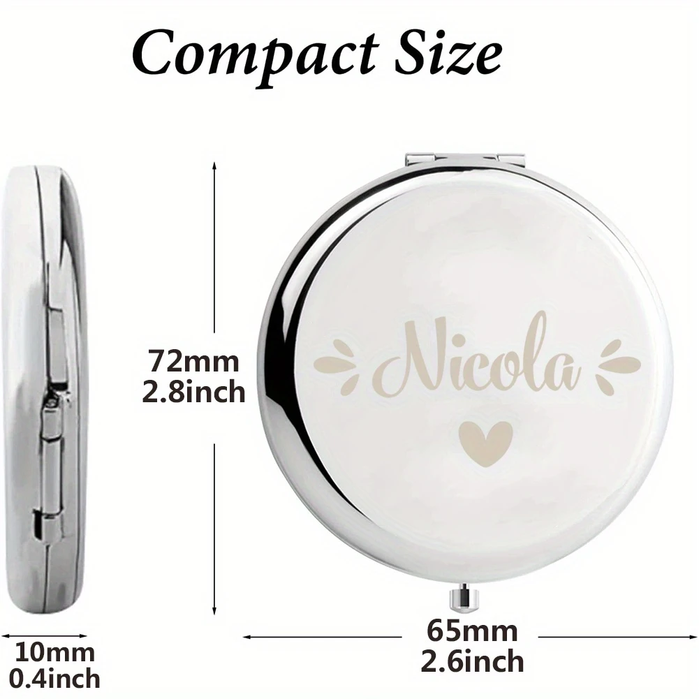 Custom Name Floral Compact Mirror with Heart, Metal Travel Makeup Mirror, Gift for Bridesmaids, Mother’s Day & Birthdays
