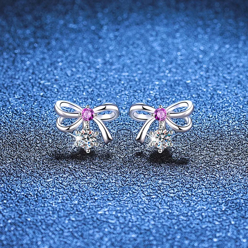 

S925 Sterling Silver Bow Earrings 0.2ct D Color Moissanite Studs Elegant Dainty Jewelry Gift for Women