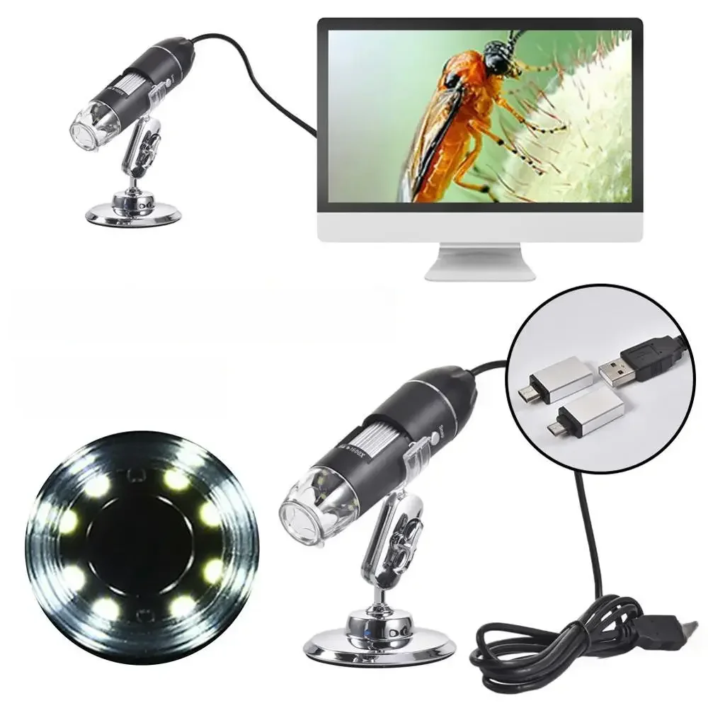Regulowany mikroskop cyfrowy 1600X 2MP 1080P 8 LED typu C/Micro USB lupa elektroniczny endoskop stereo USB do telefonu PC — zdjęcie 2