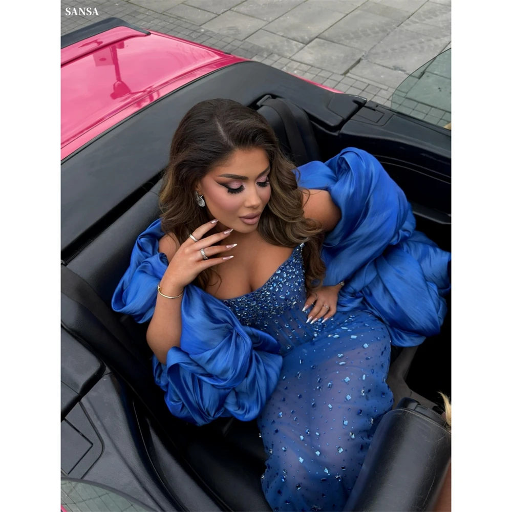 

Sansa индивидуальное сапфировое синее платье русалки с иллюзией для выпускного вечера со стразами без бретелек Vestidos De Noche длиной до пола, торжественное мероприятие