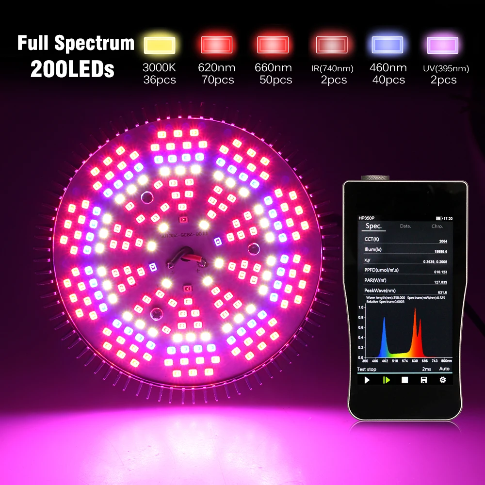 Full Spectrum LED cresce a luz para estufa, legumes e flores, 200LEDs, SMD2835, AC85, 265V, 3000K, 5000K, E27, 250W