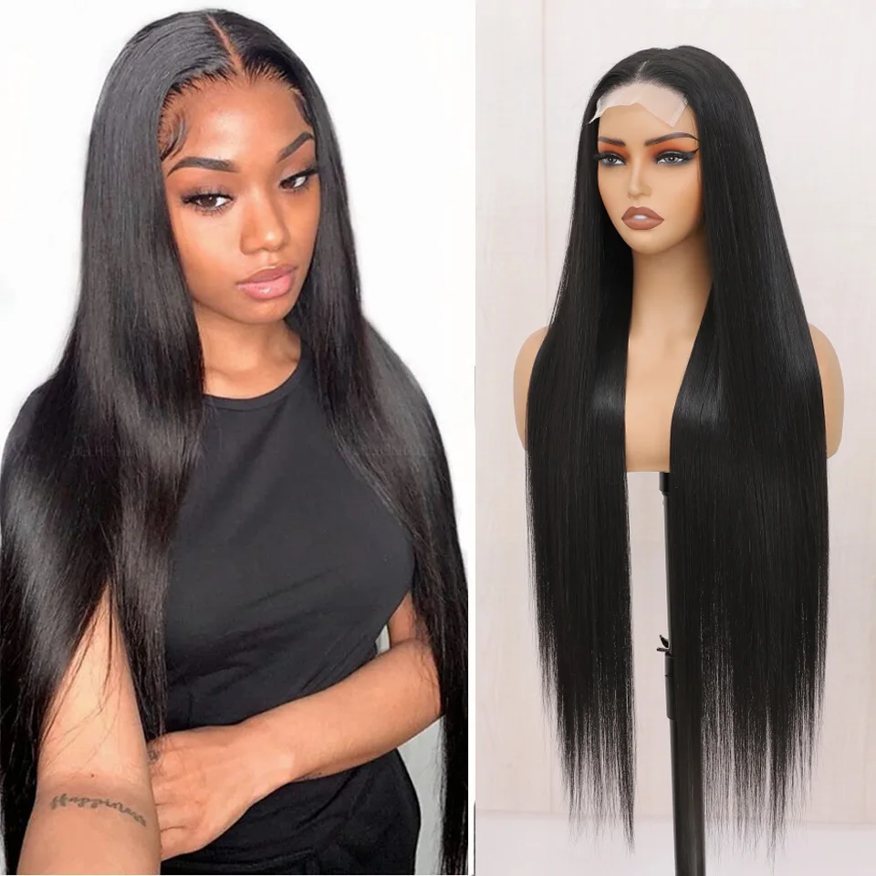 

36 дюймов 4x4 синтетический парик на шнуровке для женщин, длинный прямой натуральный черный синтетический парик, парики из высокотемпературного волокна для женщин