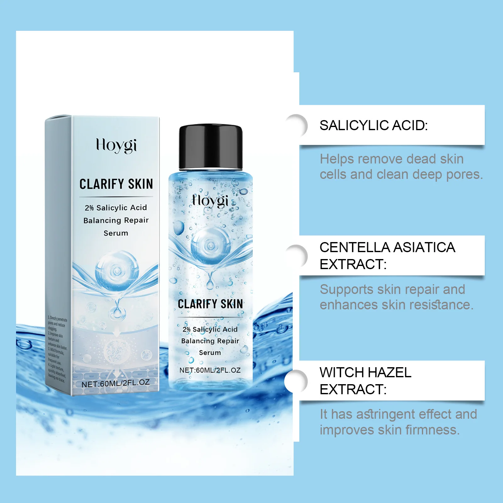 Siero viso all\'acido salicilico delicato restringimento dei pori rimozione dei punti neri controllo dell\'olio idratante idratare la luce dell\'acqua