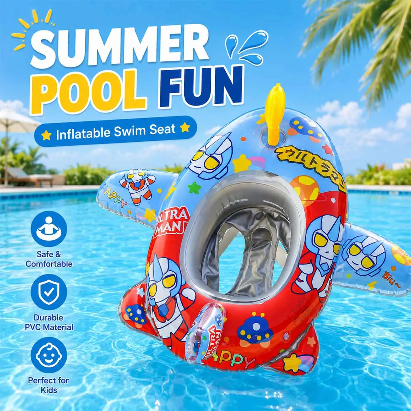 Aufblasbarer Schwimmsitz Cartoon-Flugzeug Pool-Float mit Lenkrad und Wasserpistole, Aufblasbares PVC-Wasserspielzeug für Sommer und Strand