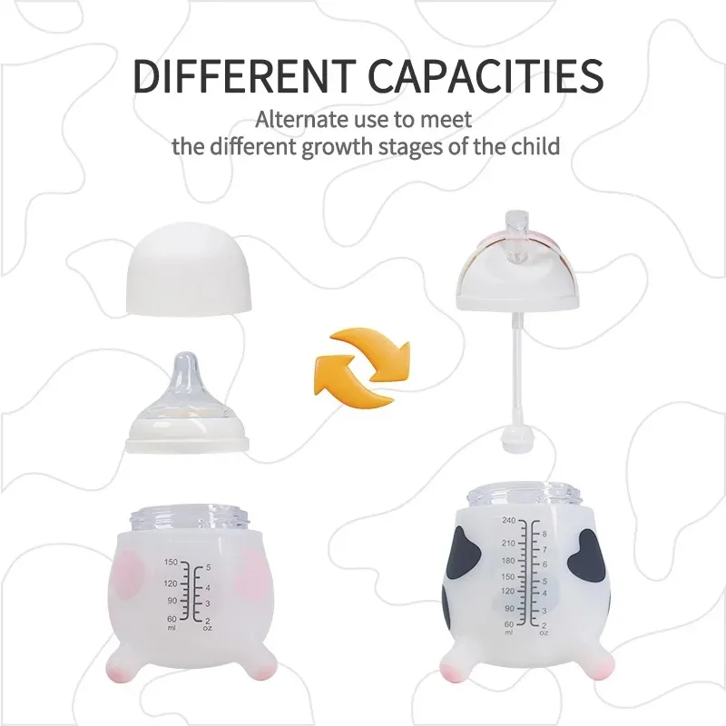 150/240ml Baby Bottle Silicone Anti Colic Baby Bottle Switchable Nipple Design Cute Cow Shape Baby Learning Drinking Cup