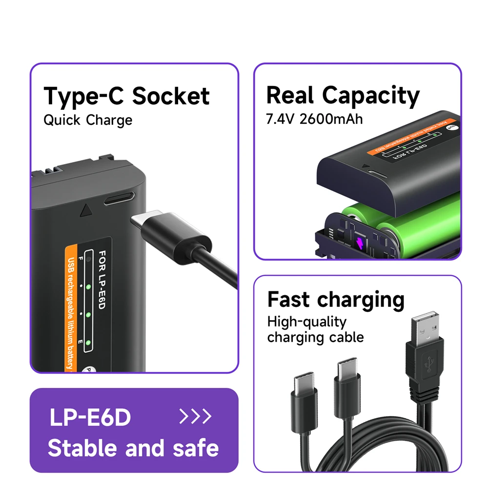 LP E6 LPE6 LP-E6 LP-E6N Type-C شحن البطارية + علبة شاحن لكانون EOS R R5 R6 60D 70D 80D 90D 5D IV 5DS R 7D علامة الكاميرا