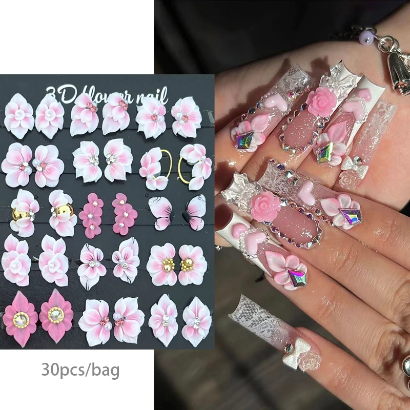 30pcs 3D Handmade Nail Acrylic Flower Rhinestone Side Floret Nail Art Decorations Exquisite Carving Flower Nail Charms