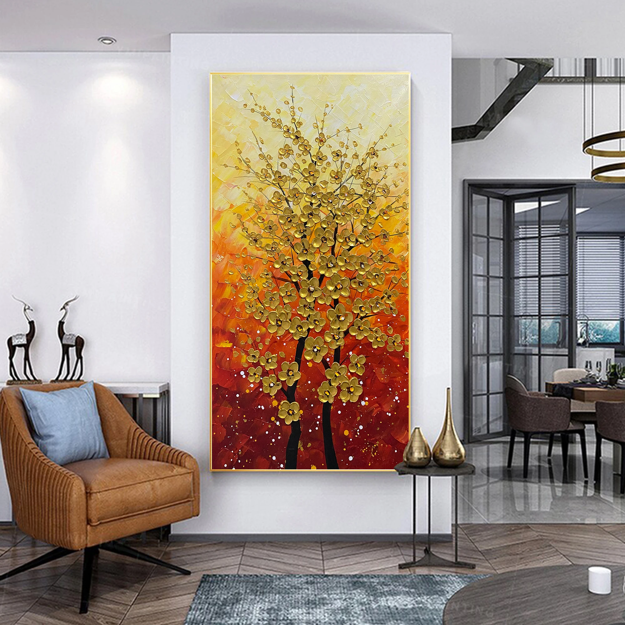 

Gold Tree Flower Palette Knife Painting On Canvas Vertical Flower Livingroom Bedroom Home Wall Art Decor