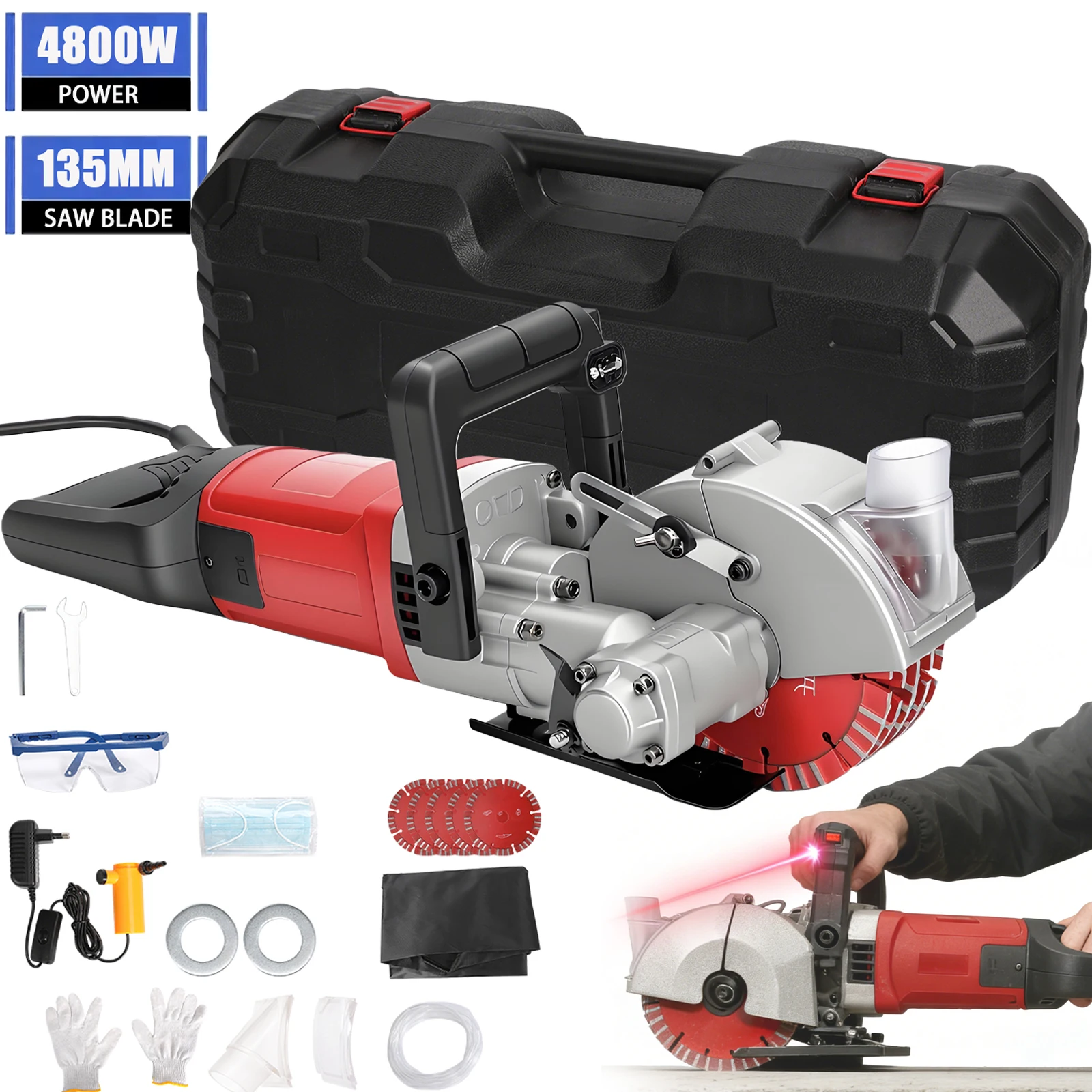 Machine à rainurer murale 4800W, découpeuse de béton 135MM, machine à rainurer électrique avec visée laser, outil de rainurage à scie circulaire