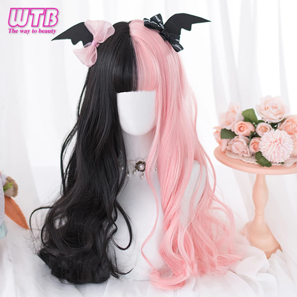 WTB-Peluca de cabello sintético para mujer, cabellera artificial ondulado largo con flequillo, color rosa y negro, Cosplay de Anime, fibra