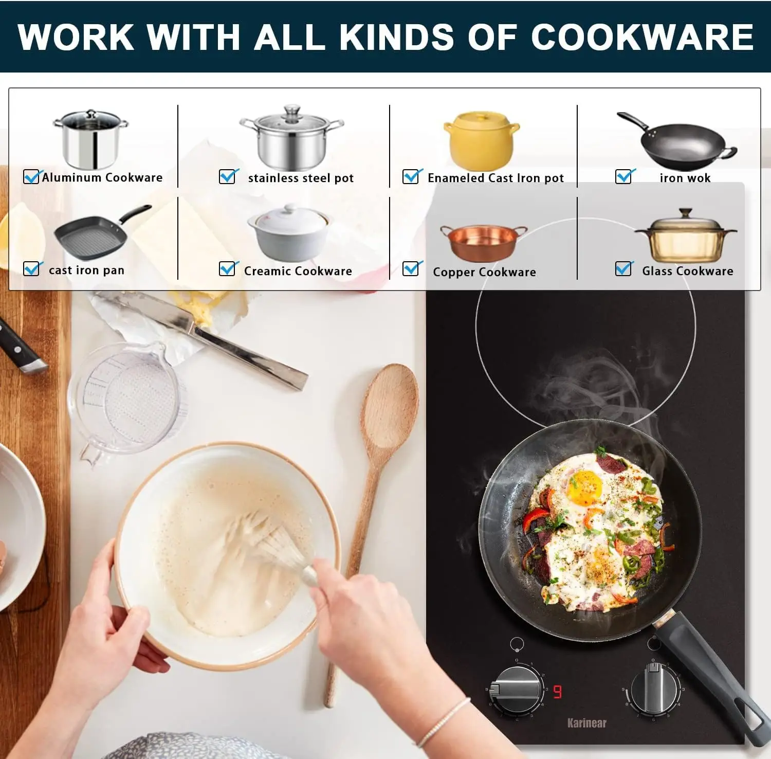 Karinear 2 หัวเตาไฟฟ้า 12 นิ้วในตัวเตาลูกบิดควบคุมตัวบ่งชี้ความร้อนตกค้าง,220 V- 240 V ไม่รวมปลั๊ก