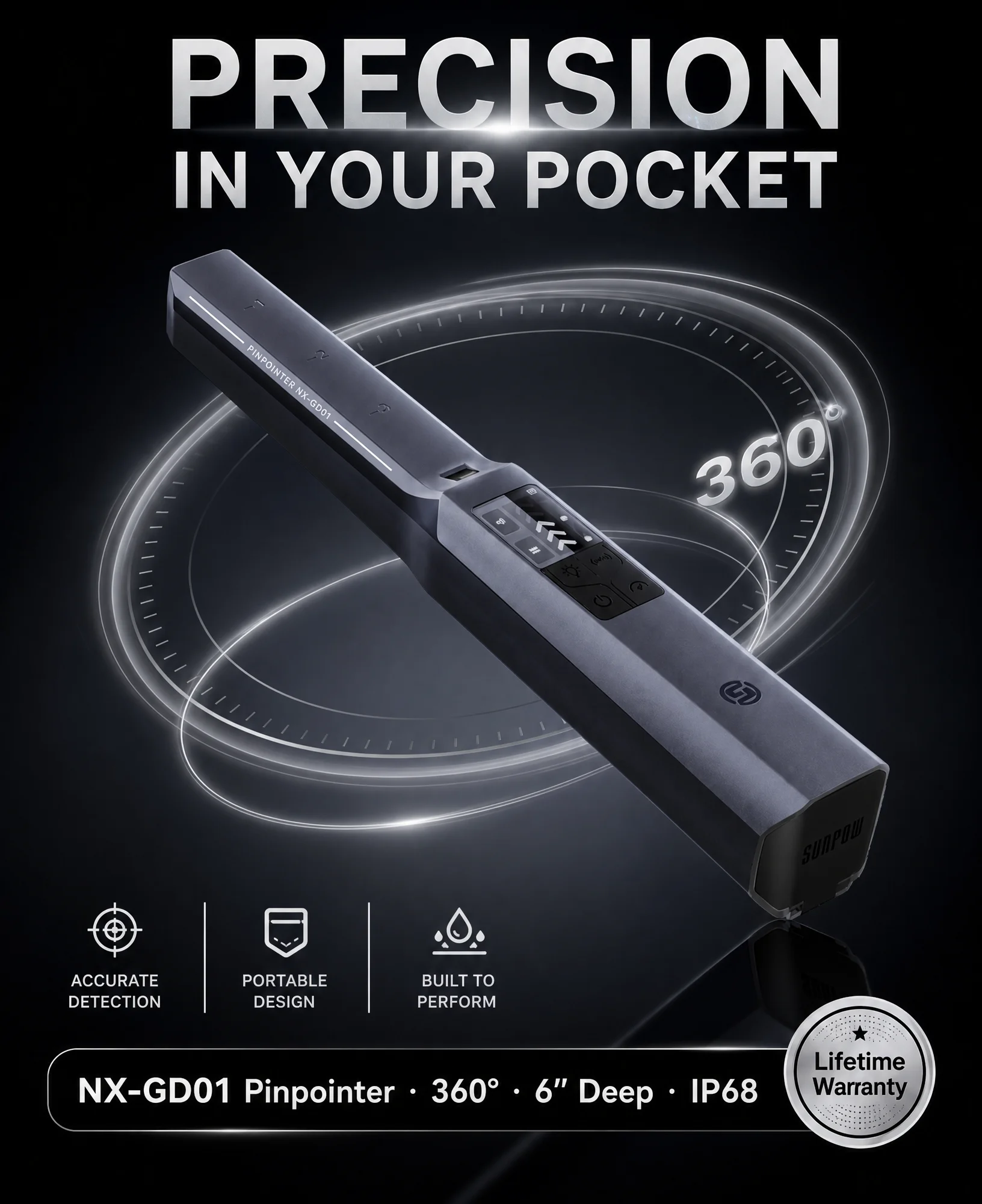 SUNPOW Handheld Metal Detector Pinpointer,IP68 Waterproof Rechargeable LCD 360°Scan High Sensitivity Detector Wand for Underground Coin Jewelry Gold Nugget Beach River Detecting