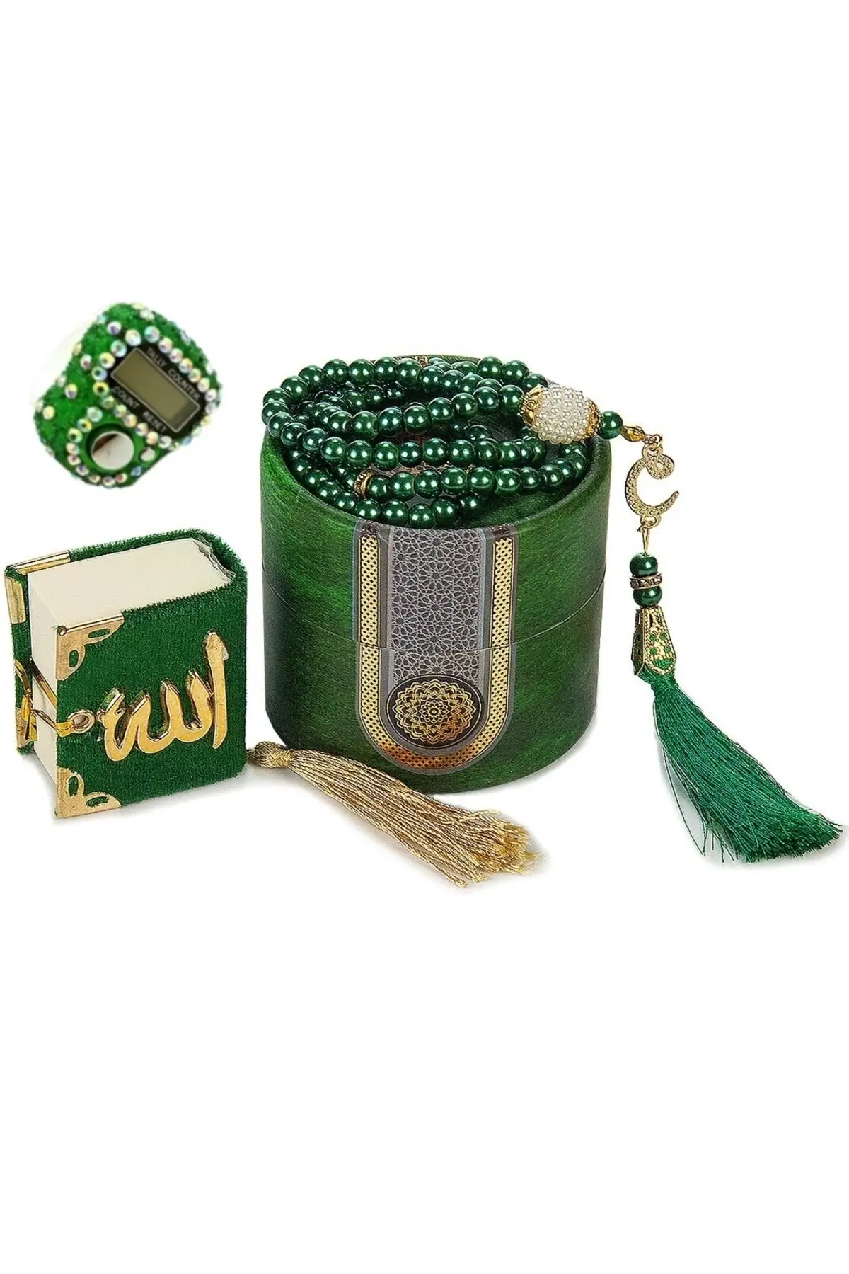 Mini Cylinder Box Mevlit Gift Set Green (mini Quran with Pearl Rosary 99 stone Zikirmak)