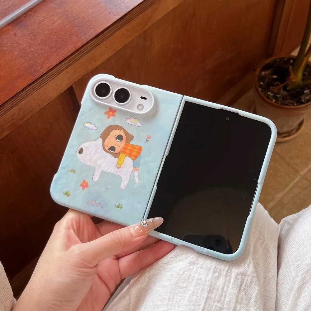 Fashion Cute Cartoon Girl Cat Phone Case for iPhone Duo Cover, Fun Painting Blue Folding Shockproof Protective Back Cases Kawaii