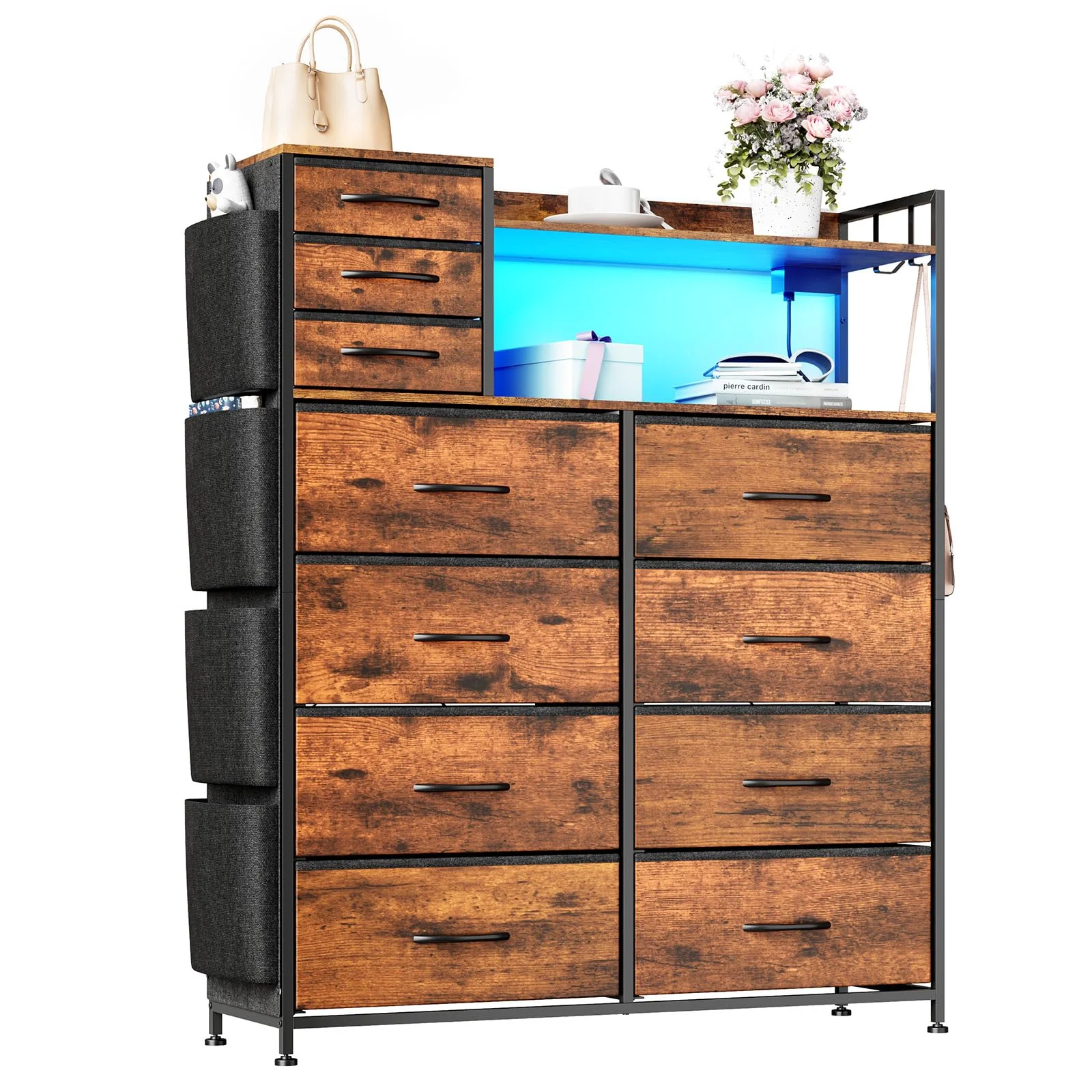 Moderne Kommode mit 11 Stoffschubladen, Seitentaschen, USB-Ladefunktion, LED-Beleuchtung, Haken & Regale, robuster Stahlrahmen mit Holzplatte, idealer Stauraum für Schlafzimmer, Wohnzimmer, Flur