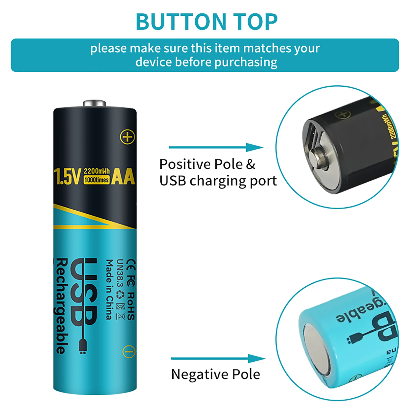 4Pcs AA 2200mWh and 4Pcs 1.5v AAA Lithium USB Rechargeable Batteries 660mWh for Remote Control Toys Keyboards & Wireless Mice