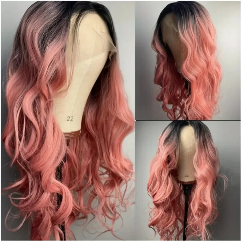   로즈 핑크 롱 웨이브 레이스 프론트 가발 - 풍성한 헤어 질감, 자연스러운 인모 가발, 접착제 없는 레이스 프론트 가발 코스프레 파티