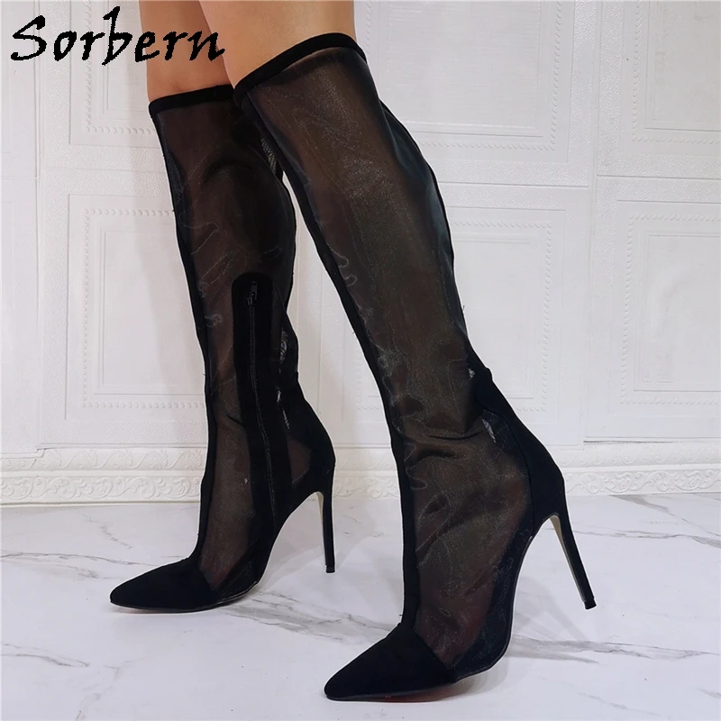 

Sorbern Black Transparent Mesh Boots Women Knee High Sissy Boy Stilettos High Heel Pointed Toe Breathful Ladies Boot Custom Shoe