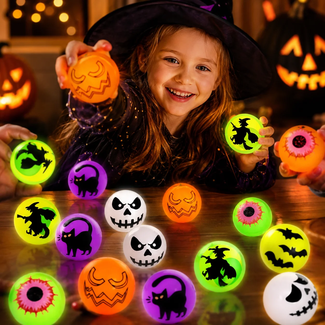 72Pcs Halloween Glow In The Dark Bouncy Balls Assorted Spooky Pattern Rubber Bounce Balls for Kids Party Favors Egg Fillers Trick Or Treat Supplies Bullet Points