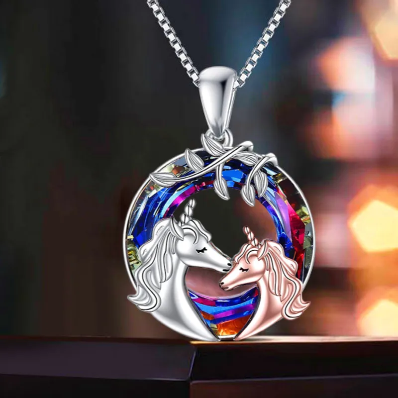 من المألوف لطيف الميمون يونيكورن قلادة جميلة فرس والطفل الحصان يخطو على الملونة محظوظ دائرة قلادة هدية
