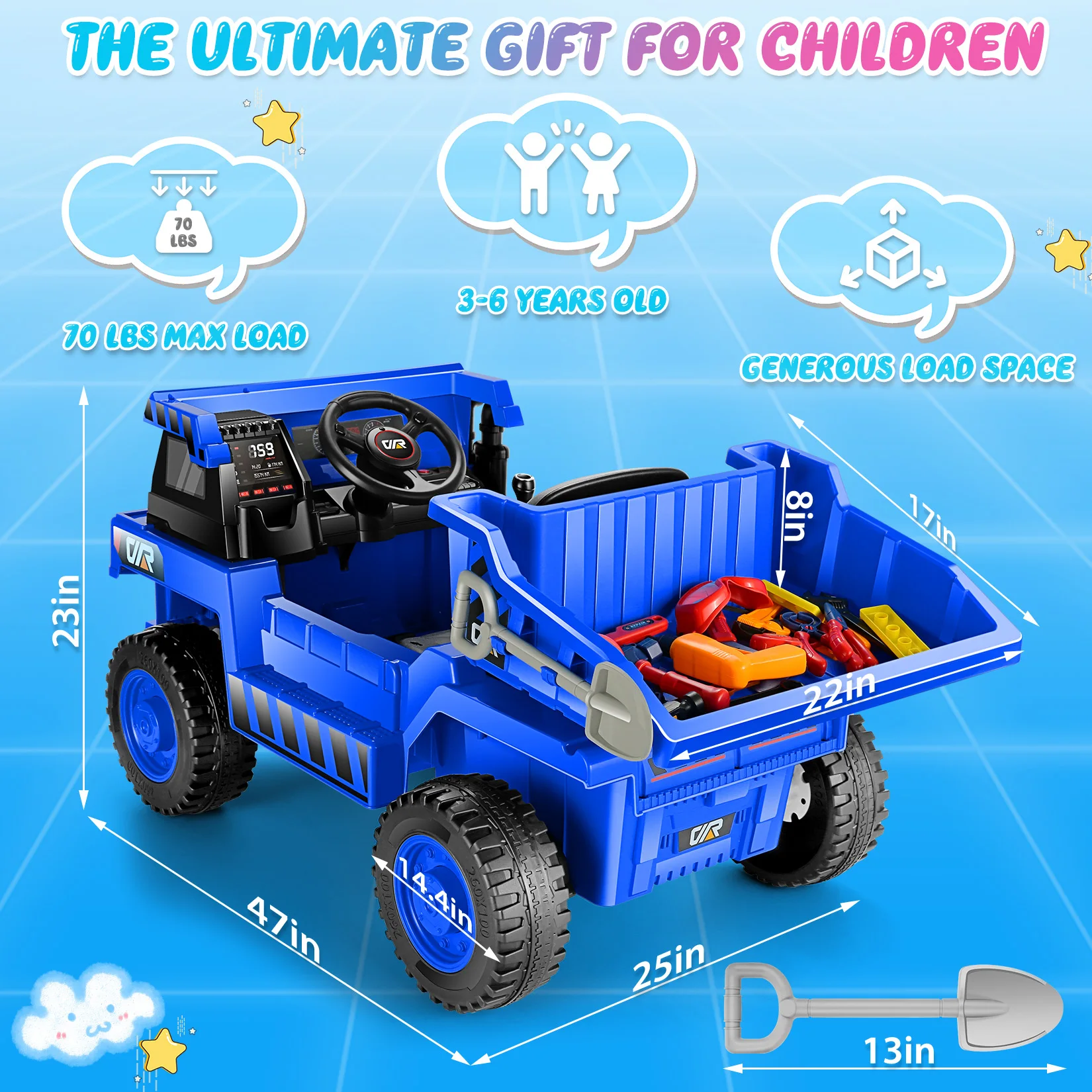 12V Ride on Toys for Toddlers, Ride on dumper auto elettrica per bambini 4WD Ride on Cars, dumper elettrico, pala, musica