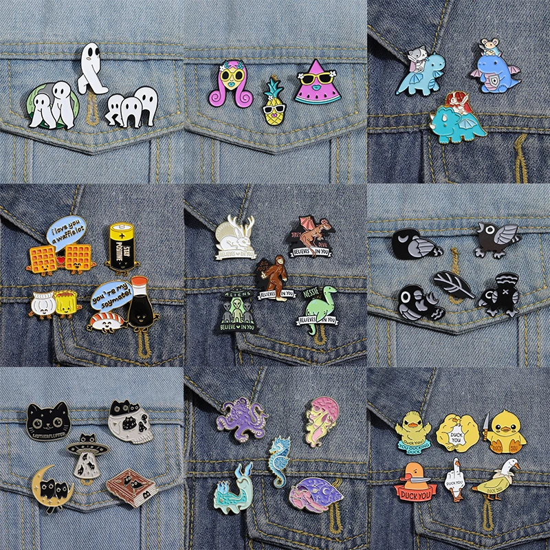 3-6pcs/set Animal Enamel Pin Custom Little Human Fruitman Cat Bird Duck Brooch Lapel Pin Fun Dragon Badge Jewelry Gift