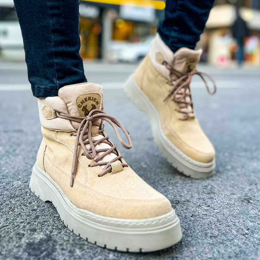 FOH Store Men Boots Shoes SAND Artificial Leather Lace Up Sneakers 2023 Comfortable Flexible Fashion Wedding Orthopedic Walking Sport Lightweight Odorless Running Breathable Hot Sale Air New Brand Boots 225