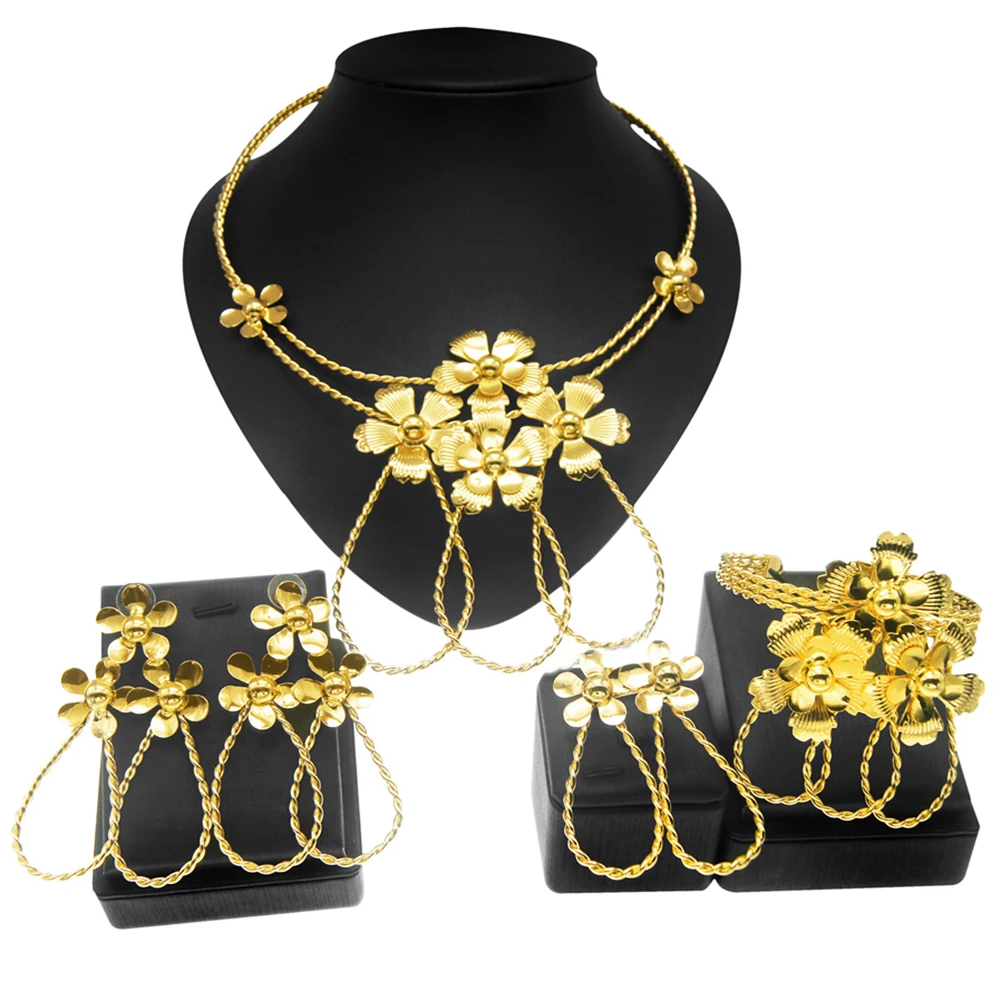 Yulaili Hot Sale Fashion Women Flower Earring Ring Bracelet Necklace Jewelry Set Brazil Gold Plated Style Free Shipping Gifts