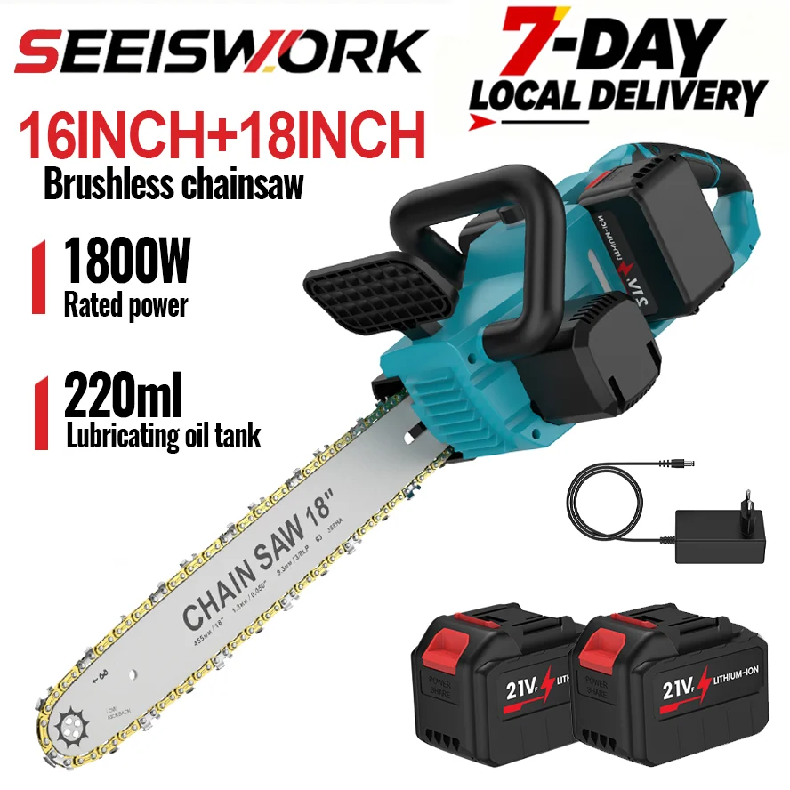 SEEISWORK 20000 obr./min Bezszczotkowa 16-calowa 18-calowa Elektryczna Piła Łańcuchowa Akumulatorowa Narzędzie Elektryczne do Obróbki Drewna Ręczna Ogrodowa Kompatybilna z Akumulatorem Makita