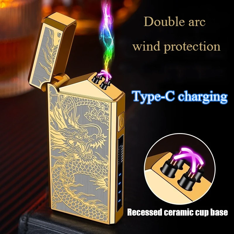 

1. A double arc windproof outdoor lighter with a dragon-shaped engraving pattern | Type-C charging port, 500 mAh battery - A lig