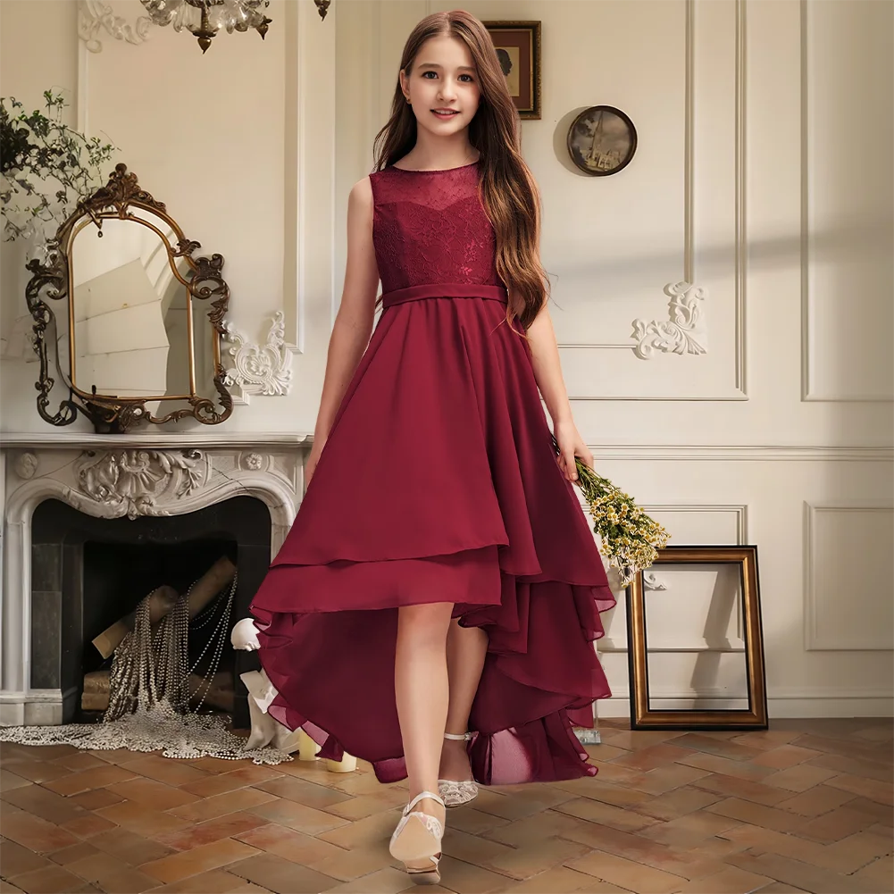 

Elegant A Line Scoop Asymmetrical Lace Chiffon Junior Bridesmaid Dress With Cascading Ruffles Flower Girl Dress Wedding Party