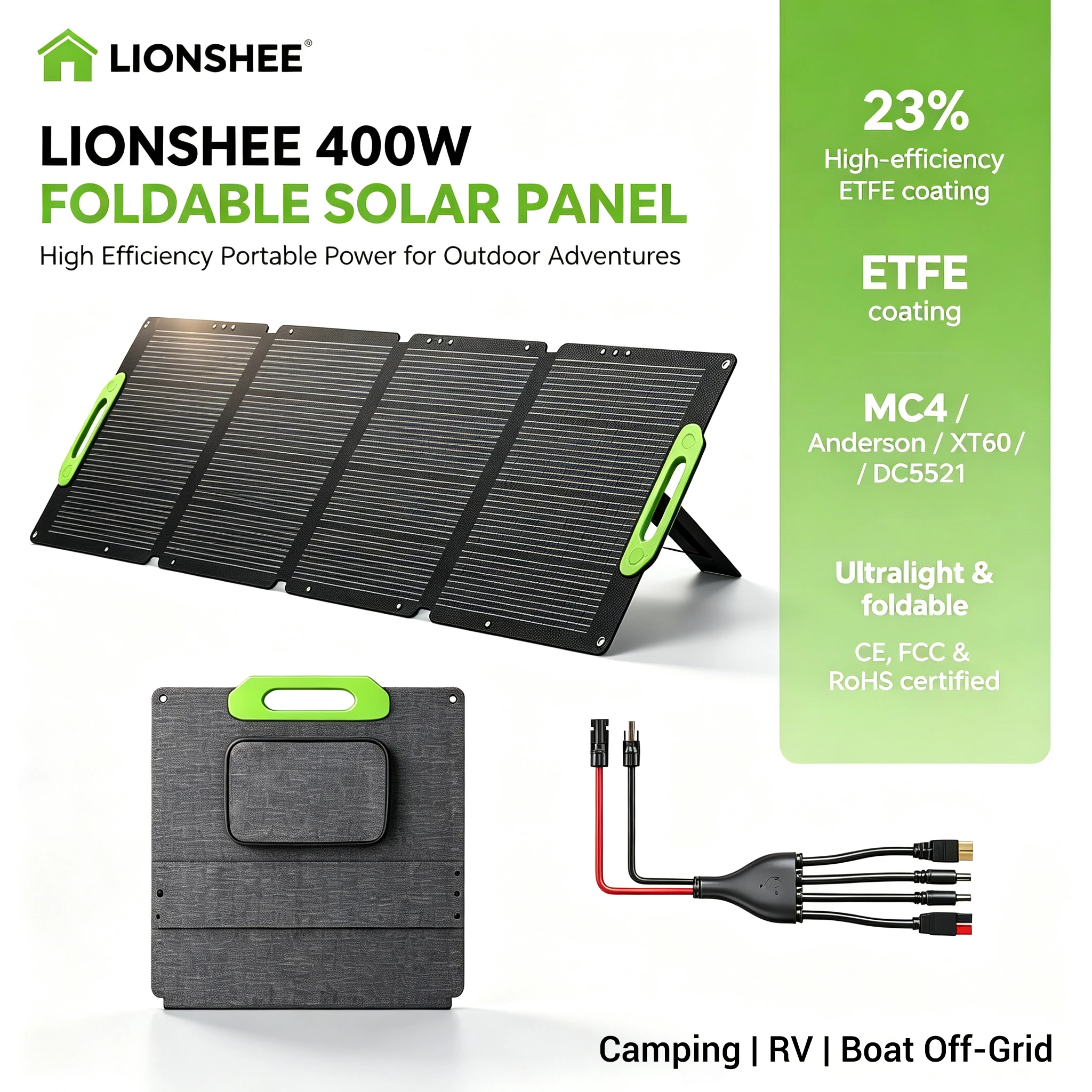 LIONSHEE 400W Faltbares, tragbares Solarpanel, 23,5 % hocheffizientes Mono-ETFE-Solarladegerät, IP67 wasserdicht, MC4 XT60 mit mehreren Ausgängen für Wohnmobile, Camping und Outdoor-Aktivitäten